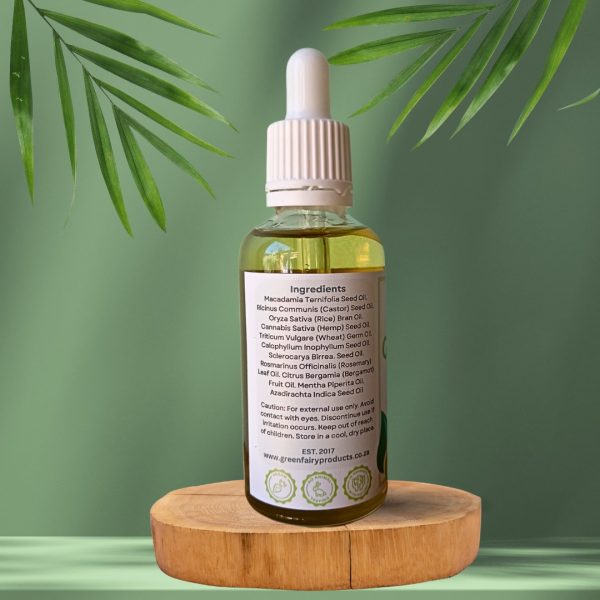 Ingredients label on a glass 50ml pipette bottle, reading: Macadamia, Castor, Rice Bran, Hempseed, Wheatgerm