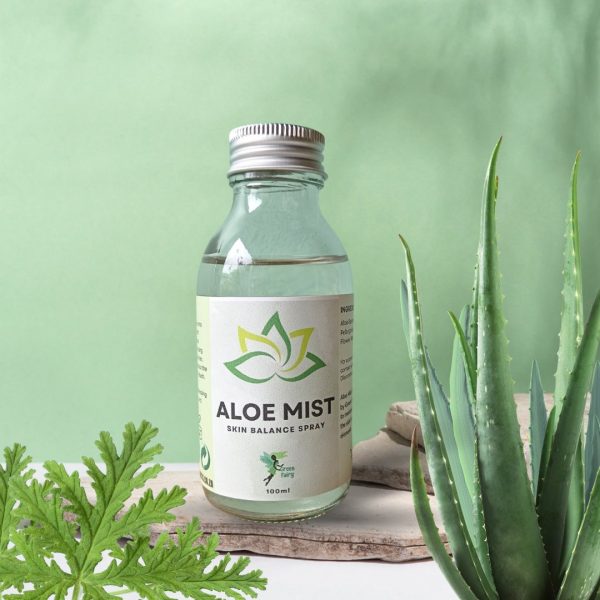 Green Fairy Products presents a refreshing Aloe Mist captured in a sleek glass bottle featuring a recyclable aluminium lid. The 100ml refill, just add your spray pump lid from your previous bottle. Picture is decorated vibrant aloe and rose geranium leaves, embodying the natural essence within.