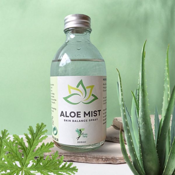 Green Fairy Products presents a refreshing Aloe Mist captured in a sleek glass bottle featuring a recyclable aluminium lid. The 200ml refill is to top up your 100ml spray pump bottle. Picture is decorated vibrant aloe and rose geranium leaves, embodying the natural essence within.